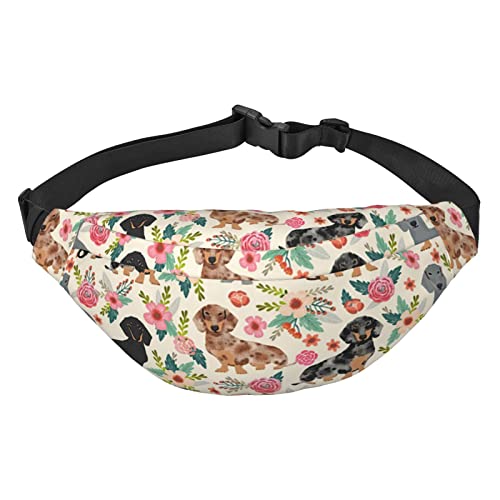 Dackel Wurst Hunde Rosa Blumen Druck Taille Pack für Männer Frauen Verstellbarer Gürtel Fanny Hüfttasche Rave Fashion Pack Bauchtasche Reise Geldbörsen, Siehe Abbildung, Einheitsgröße, Lässiger von XVBCDFG