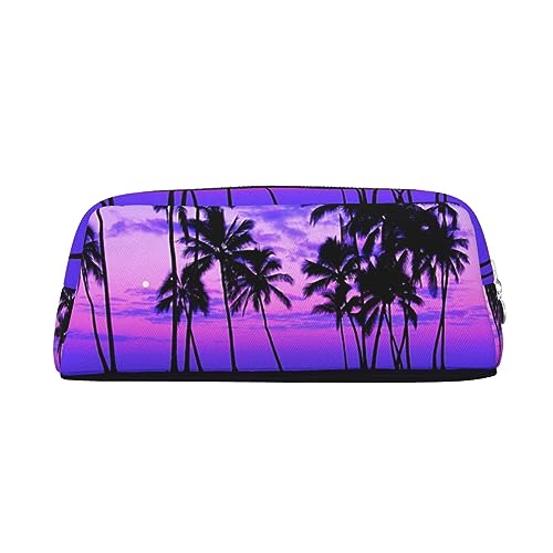 Make-up-Tasche aus Leder, Motiv: Palme mit violettem Sonnenuntergang, Reise-Kulturbeutel, Kosmetiktasche, tägliche Aufbewahrungstasche für Damen, silber, Einheitsgröße, Taschen-Organizer von XVBCDFG