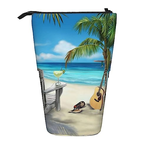 XVBCDFG Bedrucktes Federmäppchen mit Gitarre am Strand, Stand-up-Federmäppchen, Teleskop-Federhalter, Schreibwaren-Organizer, Make-up-Tasche mit Reißverschluss, siehe abbildung, Einheitsgröße, von XVBCDFG