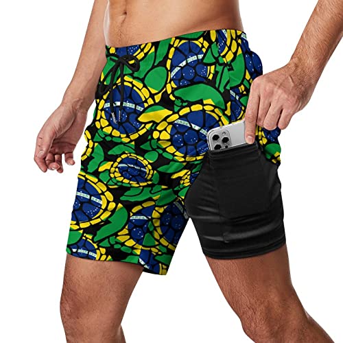 XVBCDFG Brasilien Flagge Meeresschildkröte Herren Badehose mit Kompressionsfutter Stretch Shorts für Surfen Strand Badeanzug Sport, Siehe Abbildung, S von XVBCDFG