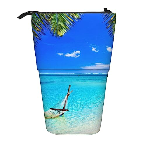 XVBCDFG Federmäppchen, niedliches stehendes Federmäppchen, einziehbarer Stifthalter, Seesternmuschel und Strand-Schreibwaren-Organizer-Tasche, Tropical Sunny Beach, Einheitsgröße, Federmäppchen von XVBCDFG