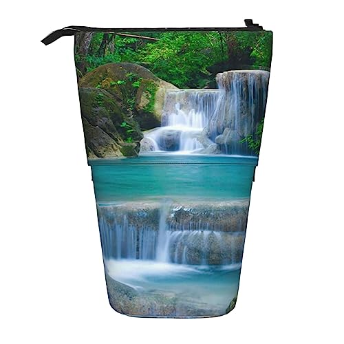 XVBCDFG Federmäppchen, niedliches stehendes Federmäppchen, einziehbarer Stifthalter, neblige Landschaft, Schreibwaren-Organizer-Tasche, Wald Wasserfall Wasser, Einheitsgröße, Federmäppchen von XVBCDFG