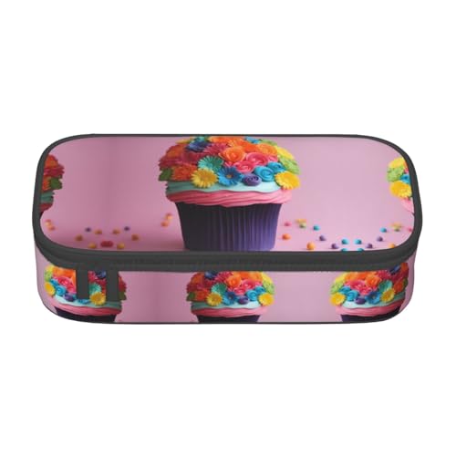 XVBCDFG Federmäppchen mit buntem Cupcake-Motiv und Regenbogenblumen, großes Fassungsvermögen, ästhetischer Schreibwaren-Organizer mit Reißverschluss, Siehe Abbildung, Einheitsgröße, Federmäppchen von XVBCDFG