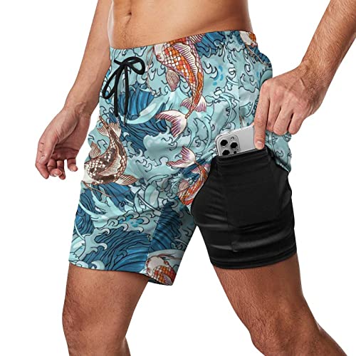 XVBCDFG Japan Koi Fish Waves Herren Badehose mit Kompressionsfutter Stretch Shorts für Surfen Strand Badeanzug Sport, Siehe Abbildung, L von XVBCDFG