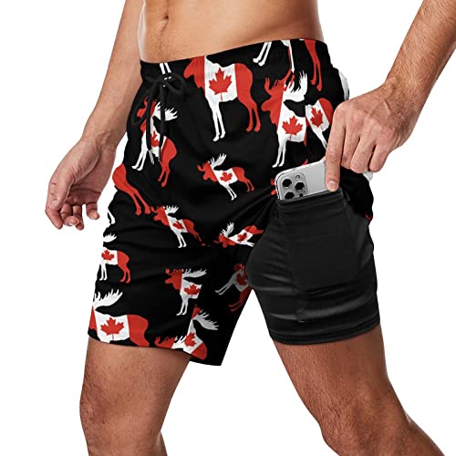 XVBCDFG Kanada Flagge Elch Herren Badehose mit Kompressionsfutter Stretch Shorts für Surfen Strand Badeanzug Sport, Siehe Abbildung, S von XVBCDFG
