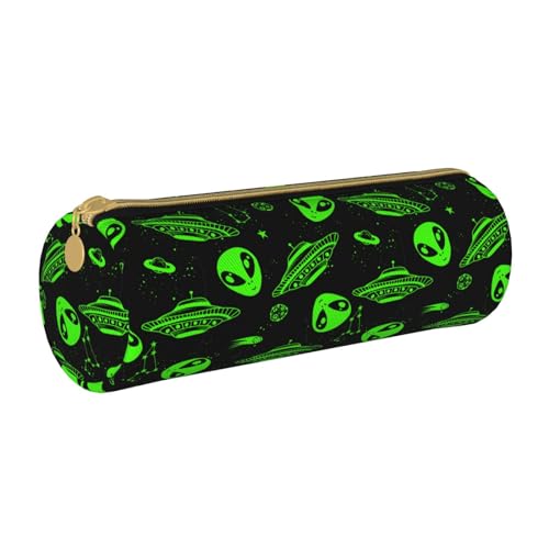 XVBCDFG Niedliches Baby-Fuchs-Leder-Federmäppchen mit Reißverschluss, für Stifte, Make-up, Kosmetik, Schreibwaren, Tasche für Schule, Arbeit, Büro, Grüner UFO-Alien-Stern, Einheitsgröße, Federmäppchen von XVBCDFG
