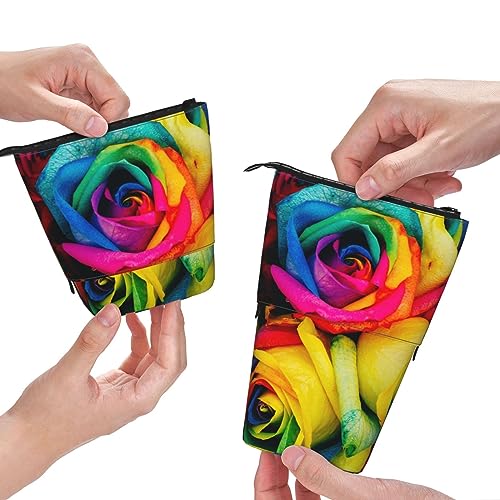 XVBCDFG Rainbow Rose Standing Pencil Case Telescopic Pencil Bag Stationery Pen Case Spacious Pencil Pouch Portable Pencil Bag for Office, Rainbow Rose, Einheitsgröße, Federmäppchen von XVBCDFG