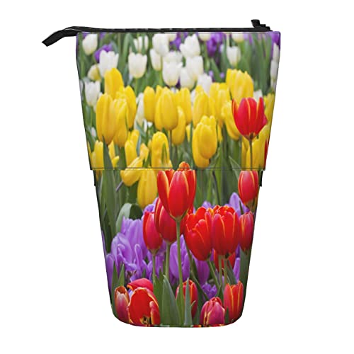 XVBCDFG Schönes Federmäppchen mit Tulpenaufdruck, Steh-Bleistiftbeutel, Teleskop-Schreibwaren-Federtasche, Stehendes Federmäppchen mit Reißverschluss, siehe abbildung, Einheitsgröße, Federmäppchen von XVBCDFG