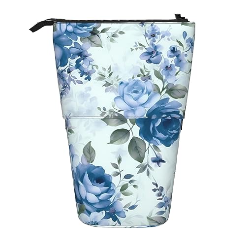 XVBCDFG Stehendes Federmäppchen mit blauem Blumenmuster, niedliches Stiftetui, Teleskop-Schreibwaren-Tasche, Make-up-Kosmetiktasche für Damen, Büro, siehe abbildung, Einheitsgröße, Federmäppchen von XVBCDFG