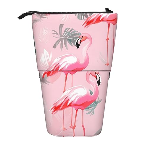 XVBCDFG Teleskop Federmäppchen Erdbeere Stand Up Bleistift Tasche Tragbare Bleistift Tasche Pop Up Bleistift Halter Make-up Tasche für Urlaub Geschenk, Sommer Flamingo Palmblätter, Einheitsgröße, von XVBCDFG