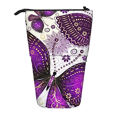 XVBCDFG Teleskop Federmäppchen Volcano Print Stehend Bleistift Tasche Schreibwaren Fall Teleskop Stifthalter Pop Up Bleistifthalter für Büro Arbeit Urlaub Geschenk, Violett-goldene Schmetterlinge, von XVBCDFG