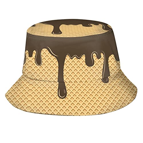 XVBCDFG Toffee Candy Dessert Eimer Hut Fischerhut Strand Reise Sonnenhut Outdoor Kappe für Unisex Damen Herren, Schokolade fließend auf Waffeln, One size von XVBCDFG