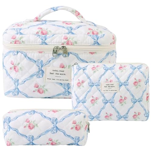3pcs gesteppte Make -up -Beutel, Baumwolle große Reißverschluss -Reisetilme Kosmetikbeutel, ästhetische Blumenmuster -Make -up -Beutel für Frauen Mädchen. von XVHOAB