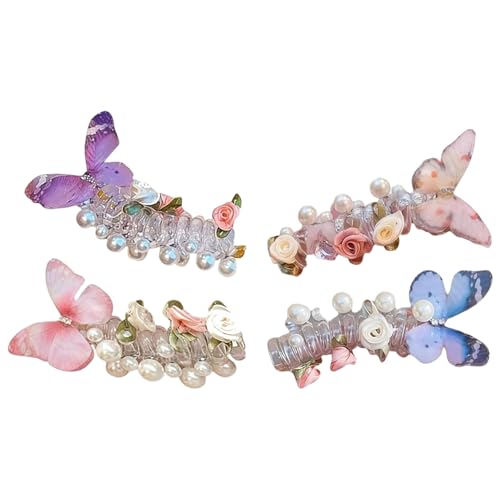 4pcs Spiralhaarbindungen, kein Schaden weiches, elastisches, verdrehte Haarbindungen mit Schmetterling, Blumen und Perlen für Frauen und Mädchen. von XVHOAB
