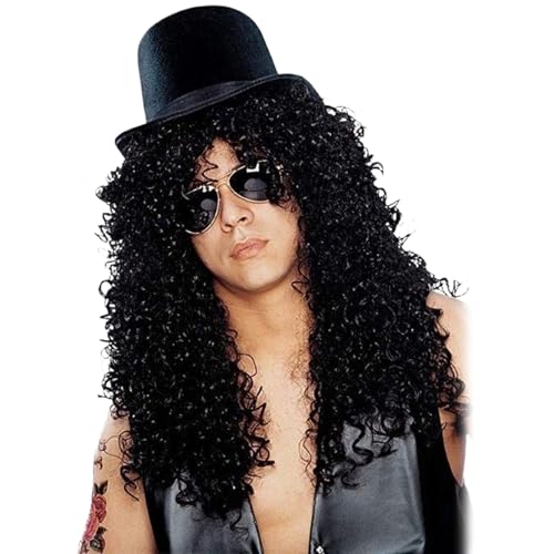 80er -Perücken für Männer Retro Punk Rock Long Curly Rockstar Perücke Heavy Metal Hippy Perücke mit Hut und Brille für Halloween -Kostümparty 80er -Perücken für Männer Retro Punk Rock Long Curly Rockstar Perücke Heavy Metal Hippy Perücke mit Hut und Brille für Halloween -Kostümparty von XVHOAB