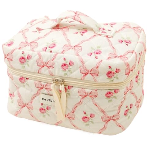 Gesteppte Make -up -Tasche, 9, 8x5.9x6.3 niedliche Bogen Make -up -Tasche, Baumwollblumen -Koquette mit Griff und Reißverschluss, Reiseästhetik für Frauen und Mädchen Geschenke von XVHOAB