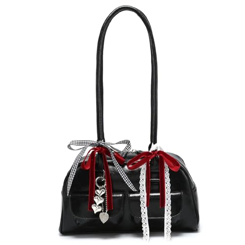 Japanische Schultasche Y2K PU Reißverschluss schwarzer Messenger -Tasche mit langem Griff und Velvet Bow School Handtasche für Frauen Mädchen. von XVHOAB