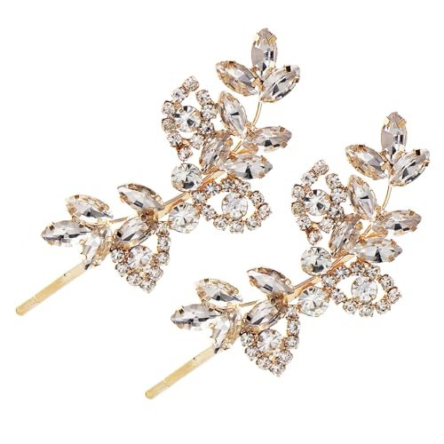 Strasshaarklammern, 2pcs elegante goldene Hochzeitshaarstifte, dekorative Blattkristallseiten -Haarnadelzubehör für Frauen und Mädchen Strasshaarklammern, 2pcs elegante goldene Hochzeitshaarstifte, dekorative Blattkristallseiten -Haarnadelzubehör für Frauen und Mädchen von XVHOAB
