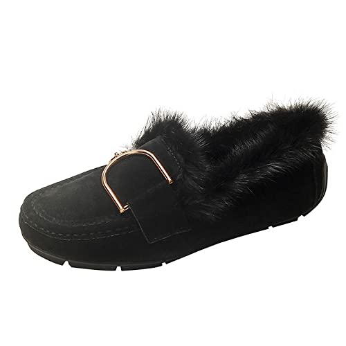 XWHB-D Damen Winter Plüsch Warme Stiefeletten Halbschuhe Wildleder Kurze Stiefel Pelz Gefüttert Kuschelige Winterstiefel Outdoor rutschfeste Slippers,Schwarz,36 EU von XWHB-D