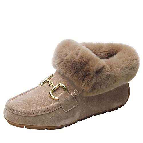 XWHB-D Damen Winter Stiefel Pelz Gefüttert Schnee Stiefel Schlupfstiefel mit Warm Gefütterte Schuhe rutschfest Flach Boots Baumwolle Winterschuhe,Khaki,39 EU von XWHB-D