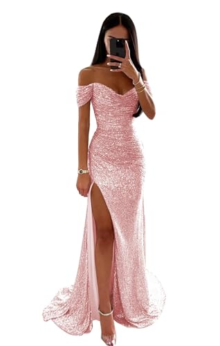 XWMNBXK Frauen glitzernde Pailletten Abschlussballkleider trägerlose Falten Brautjungfernkleid Lange geschlitzte Meerjungfrau formelle Abendballkleider Blush Pink L von XWMNBXK