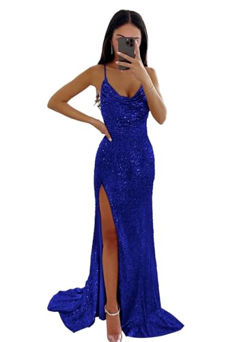 XWMNBXK Pailletten für Frauen Prom Kleider Glitzernde Meerjungfrau formelles Kleid Langer Spaghettiträger Rüschenschlitz Abend Party Ball Kleider Royal Blue S von XWMNBXK