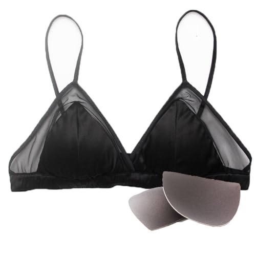 XWSM Mesh BH Aus 100% Maulbeerseide Gepolstertes Bralette Weich Glatt Damen-Satin Dreieck-Cup-Tops Unterwäsche Mit Herausnehmbarem Polster (Color : Black, Size : L/Large) von XWSM