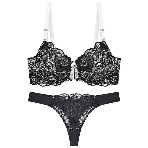 XWSM Sexy Dessous for Frauen, BH Und Höschen Sets, Zweiteiliges Bügel Unterwäsche Set for Frauen, Spitzen-Tanga-Höschen Damen (Color : Black, Size : 34B/75B) von XWSM