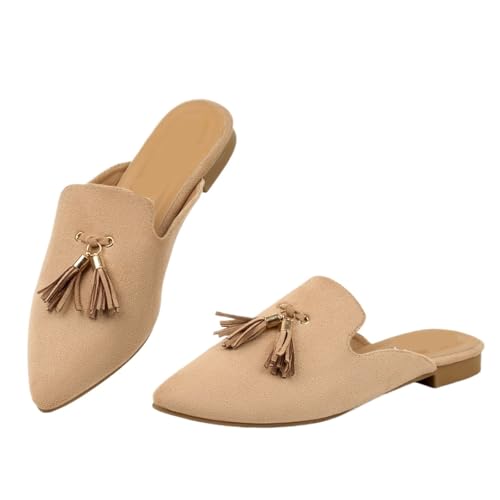 XWZSHMH Rückenfreie Slip-On-Slides mit spitzem Zehenbereich, flache Hausschuhe mit Quasten, bequeme Quaste, flache Hausschuhe, Nackt, 39.5 EU von XWZSHMH
