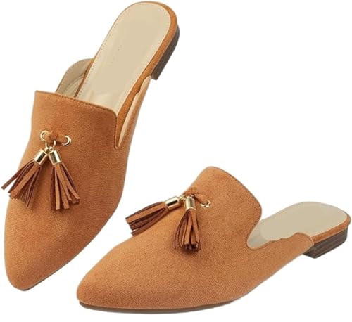 XWZSHMH Rückenfreie Slip-On-Slides mit spitzem Zehenbereich, flache Hausschuhe mit Quasten, bequeme Quaste, flache Hausschuhe, camel, 37.5 EU XWZSHMH Rückenfreie Slip-On-Slides mit spitzem Zehenbereich, flache Hausschuhe mit Quasten, bequeme Quaste, flache Hausschuhe, camel, 37.5 EU von XWZSHMH