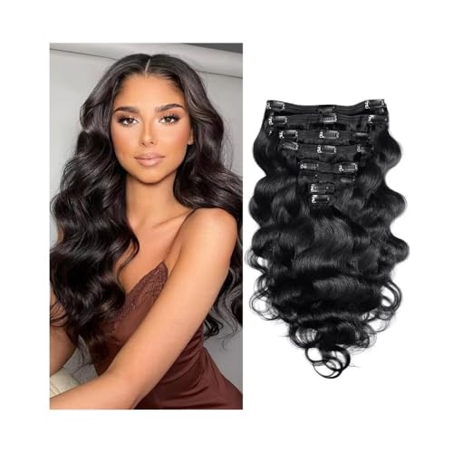 Haarverlängerung Body Wave Clip-In-Extensions aus 100% natürlichem Echthaar for Frauen, 8 Stück, 120 g/Set, Nr. 1B Clip in Extensions(14inches) von XXAD553TY