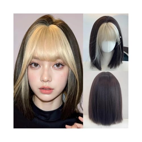 Kurze gerade Bob schwarze Perücke blonde Pony synthetische Frauen flauschige hitzebeständige Perücke Kurze gerade Bob schwarze Perücke blonde Pony synthetische Frauen flauschige hitzebeständige Perücke von XXAD553TY