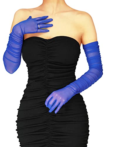 Damen Sexy Sheer Handschuhe 2022 Mesh Tüll Super Lange Handschuhe Opera Halloween Kostüm Party Tanzhandschuhe, königsblau, Einheitsgröße von XXDingbs