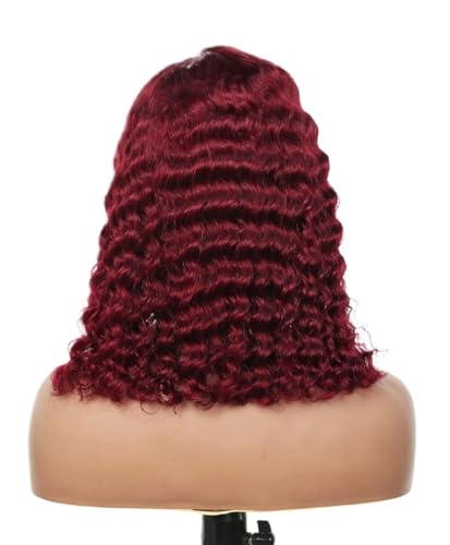 Womens Short Curly Bob Wig Side Part Transparent Lace Front Wig Deep Wave Human Hair Brazilian 99J Hair Natural Hairline 150 Density For Women von XXGFCZ