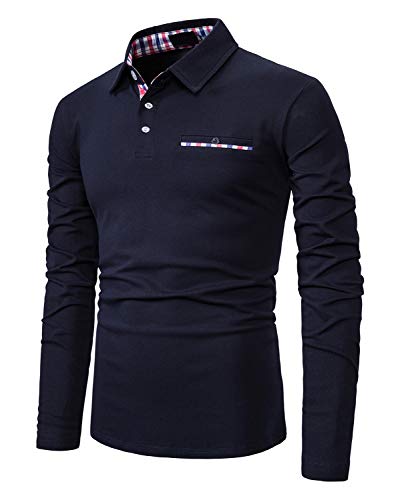 UUAISSO XXIE Herren Poloshirt Langarm Einfarbig Freizeit Kariert Polo Kragen Polohemd Blau Large von UUAISSO