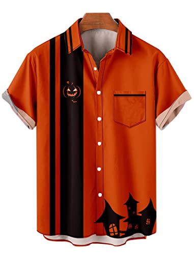Halloween Shirts für Männer Bowling Klassischer Totenkopf Kurzarm Shirt Damen Kürbis Freizeithemd Jungen, Hl09019a03, 4X-Groß von XXINPEI