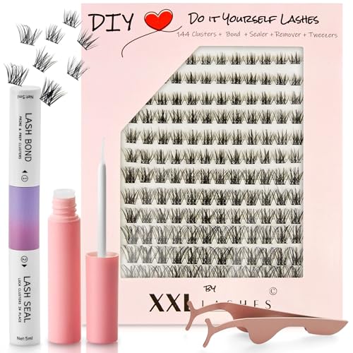 DIY Do it Yourself Wimpernset, XXL Lashes Wimpernverlängerungsset, 144 Cluster-Wimpern in 5 verschiedenen Längen, inklusive Bond/Kleber, Versiegelung, Entferner, Applikator und Anleitung (hybrid) von XXL Lashes