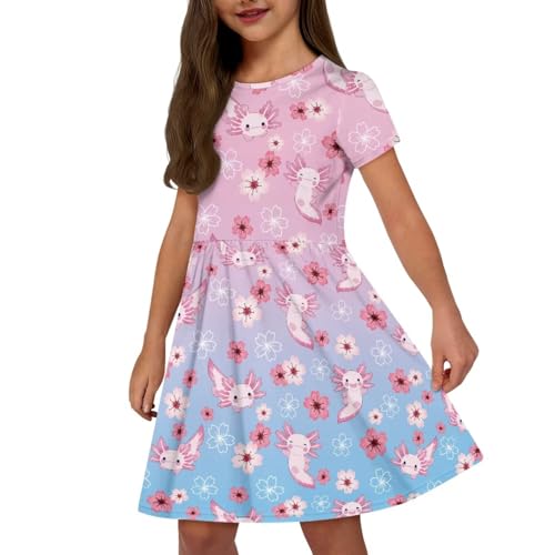 XXQGOMG Kurzärmeliges Mädchenkleid, lässiges Skaterkleid mit Taschen, für 3–14 Jahre alt, Floral Axolotl, 7-8 von XXQGOMG