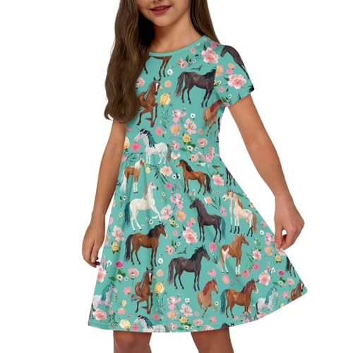 XXQGOMG Kurzärmeliges Mädchenkleid, lässiges Skaterkleid mit Taschen, für 3–14 Jahre alt, pferd, 7-8 von XXQGOMG