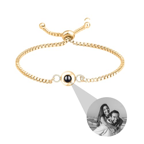 XXTONE Personalisiertes Foto Projektion Armband - Benutzerdefiniert Mit Bild Im Inneren Kreis - Einstellbares Valentinstag Geburtstag Schmuck Geschenk für Frauen Männer (Gold 3) von XXTONE