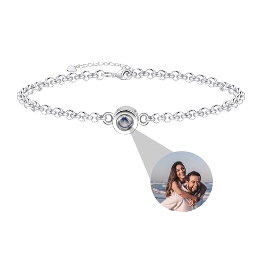 XXTONE Personalisiertes Foto Projektion Armband - Benutzerdefiniert Mit Bild Im Inneren Kreis - Einstellbares Valentinstag Geburtstag Schmuck Geschenk für Frauen Männer (Silber 2) von XXTONE