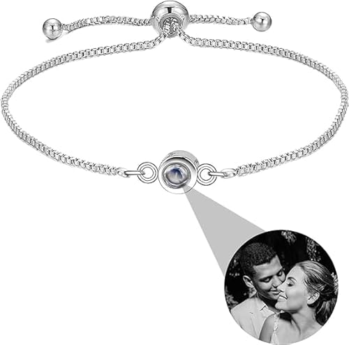 XXTONE Personalisiertes Foto Projektion Armband - Benutzerdefiniert Mit Bild Im Inneren Kreis - Einstellbares Valentinstag Geburtstag Schmuck Geschenk für Frauen Männer (Silber 4) von XXTONE