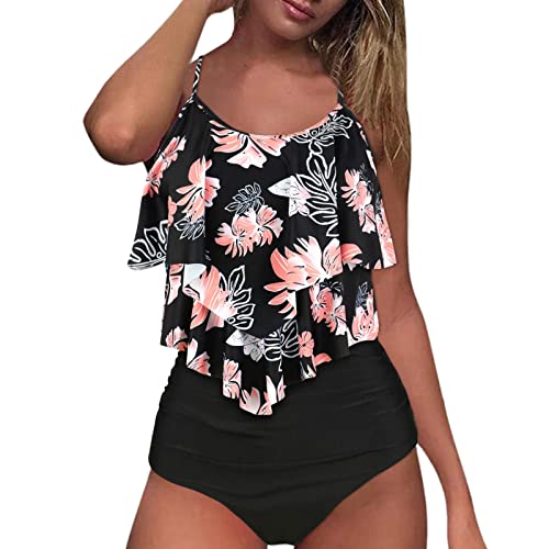 XXYsm Bademode für Mollige Frauen Push Up Große Größen Gepolstert Badeanzug Zweiteiler Oberteil mit Badeshorts High Waist Hose Blumen Bedruckt Tankini Damen Bauchweg von XXYsm