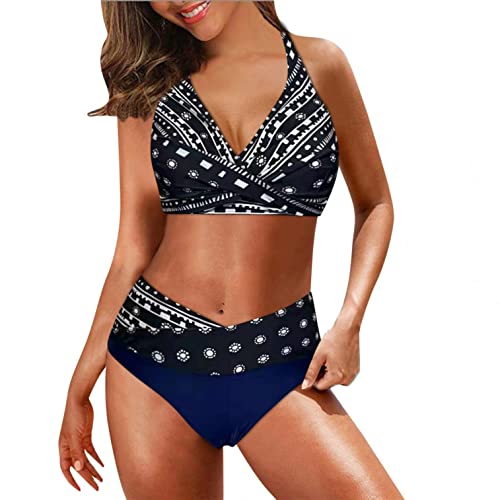 XXYsm Bikini Damen Set Push Up High Waist Badeanzug Damen Bauchweg mit Cups Crossover Gedruckt Zweiteilige Bademode, #001 Marineblau, XXL von XXYsm