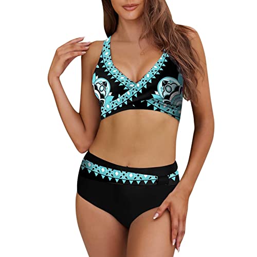 XXYsm Bikini Damen Set Push Up High Waist Badeanzug Damen Bauchweg mit Cups Crossover Gedruckt Zweiteilige Bademode, #002 Grün, XXL von XXYsm