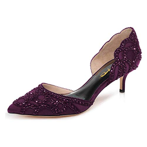 XYD D'Orsay Satin-Schuhe für Damen, mit spitzem Zehenbereich, niedriger Absatz, Strass-Nieten, zum Hineinschlüpfen, Hochzeit, Braut, Tanzen, Satin-Schuhe, Dunkles Violett, 42 EU von XYD