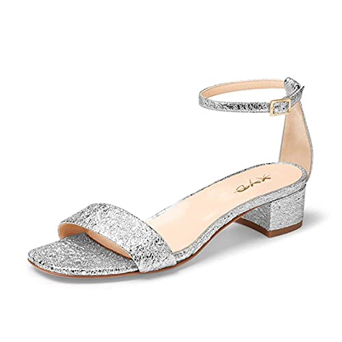 XYD Damen Offene Zehenpartie Riemchen Niedriger Blockabsatz Sandalen Pumps Knöchelriemen Schnalle Hochzeitskleid Abendschuhe, silber, 43 EU von XYD