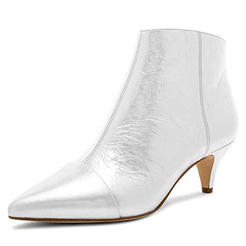 XYD Damen-Stiefeletten, mittelniedrig, Kätzchen-Absatz, spitze Zehenpartie, seitliche Reißverschlüsse, Abschlussball, glitzernd, Partykleid, modische kurze Stiefel, Silber-Pu, 40.5 EU von XYD