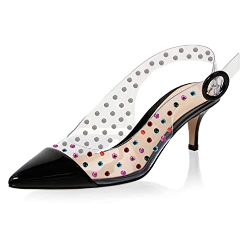 XYD Damen Transparent Slingback Mid Kitten Heels Patent Leder Pumps Spitze Zehen PVC Kleid Sandalen Schuhe mit Schnalle, schwarz, 42 EU von XYD
