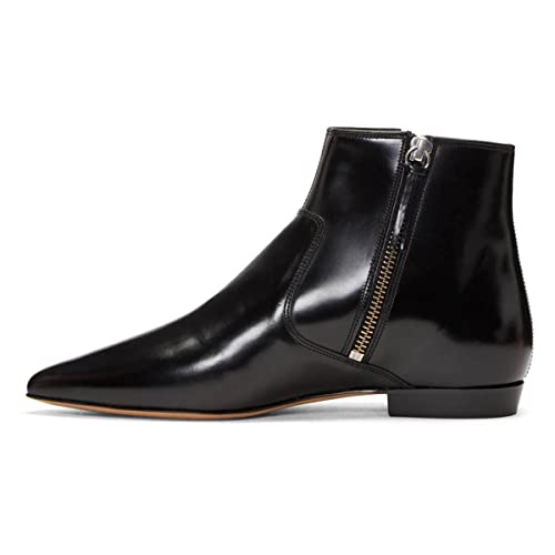 XYD Flache Damen-Stiefeletten, spitz, geschlossener Zehenbereich, niedriger Absatz, Basic-Booties, Bürokleid, Schuhe mit doppelseitigem Reißverschluss, schwarz, 39 EU von XYD